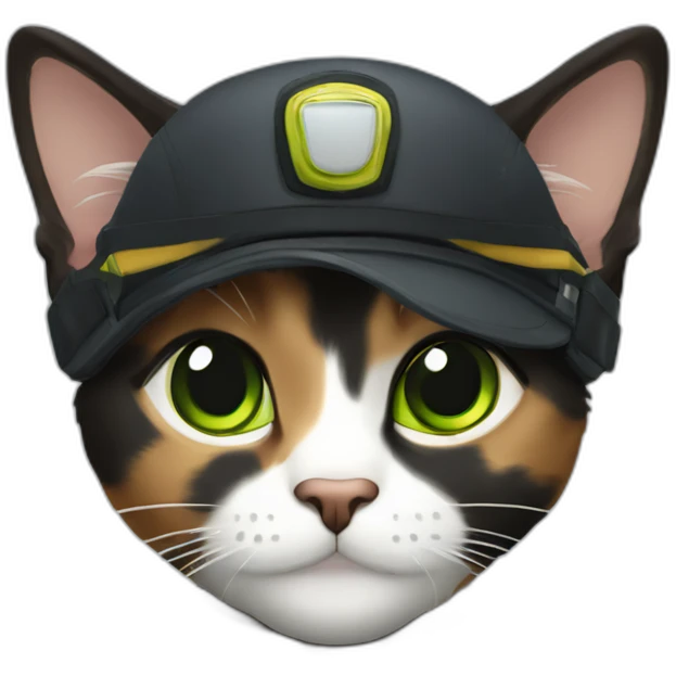 black, brown and grey calico cat without any white and with green eyes dressed as a pilot emoji
