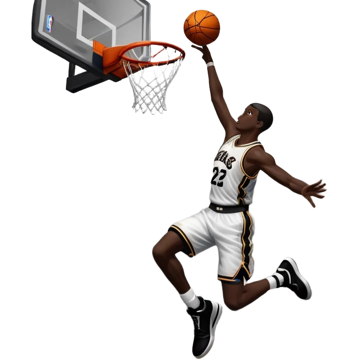 An icon showing a close-up of a basketball player in mid-air, performing an impressive dunk, inspired by NBA 2K25. The player is focused, with the ball in hand and the court in the background. Bright lights emphasize the action and excitement. Transparent background. emoji