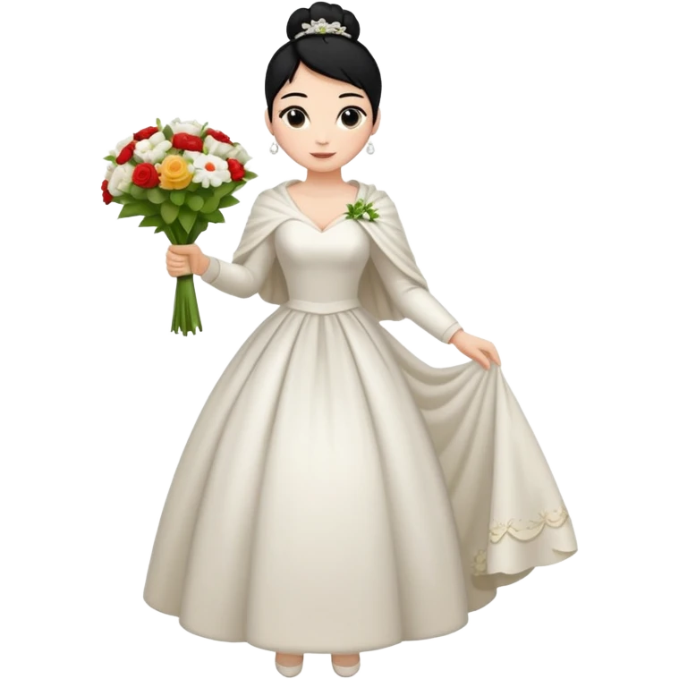 Chica blanca,cuerpo entero, vestido boda ,manga larga ,con estola, pelo negro,    ramo de flores una mano, pelo recogido en moño alto emoji