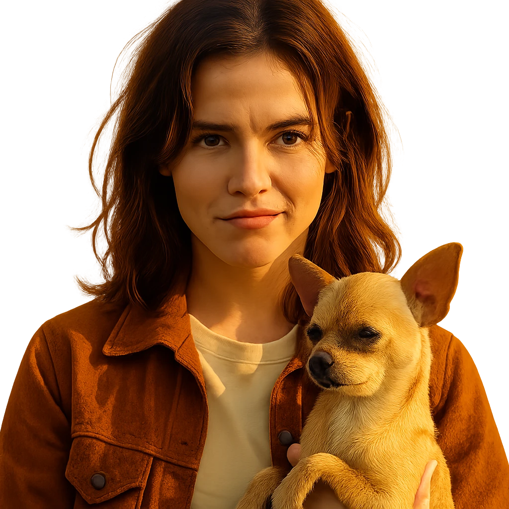 portrait centered of a woman inspired by the face of Zoe Deutch, tanned skin, subtle freckles, rebellious and playful expression, medium-length brown hair with auburn highlights, wearing a shirt color #FFF8CA, rust-colored jacket, holding a beige-brown chihuahua, golden hour effect, transparent background, Netflix series style emoji