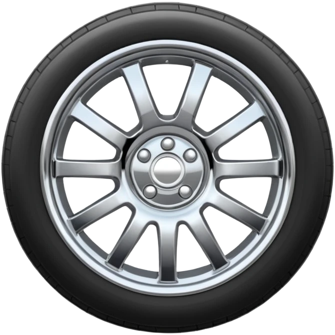 A chrome car wheel emoji, polished silver metal rim, smooth circular shape, minimal futuristic design, soft reflections, iOS emoji style, centered on white background, ultra clean look emoji