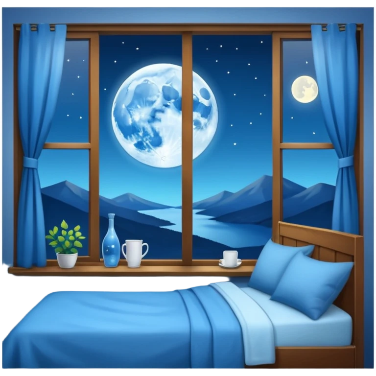 cozy blue apartment interior with a window showing the moon emoji