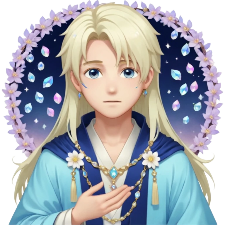 Beautiful gorgeous blushing blue-eyed youthful handsome anime guy with beautiful iridescent-pastel-whitish-special-medium-long-hair, fashion aesthetic, ethereal, fairycore, pastelcore, flower petals, crystals, layered robes, accessories, jewelries, gold, colorful, shiny, trending style, outside emoji