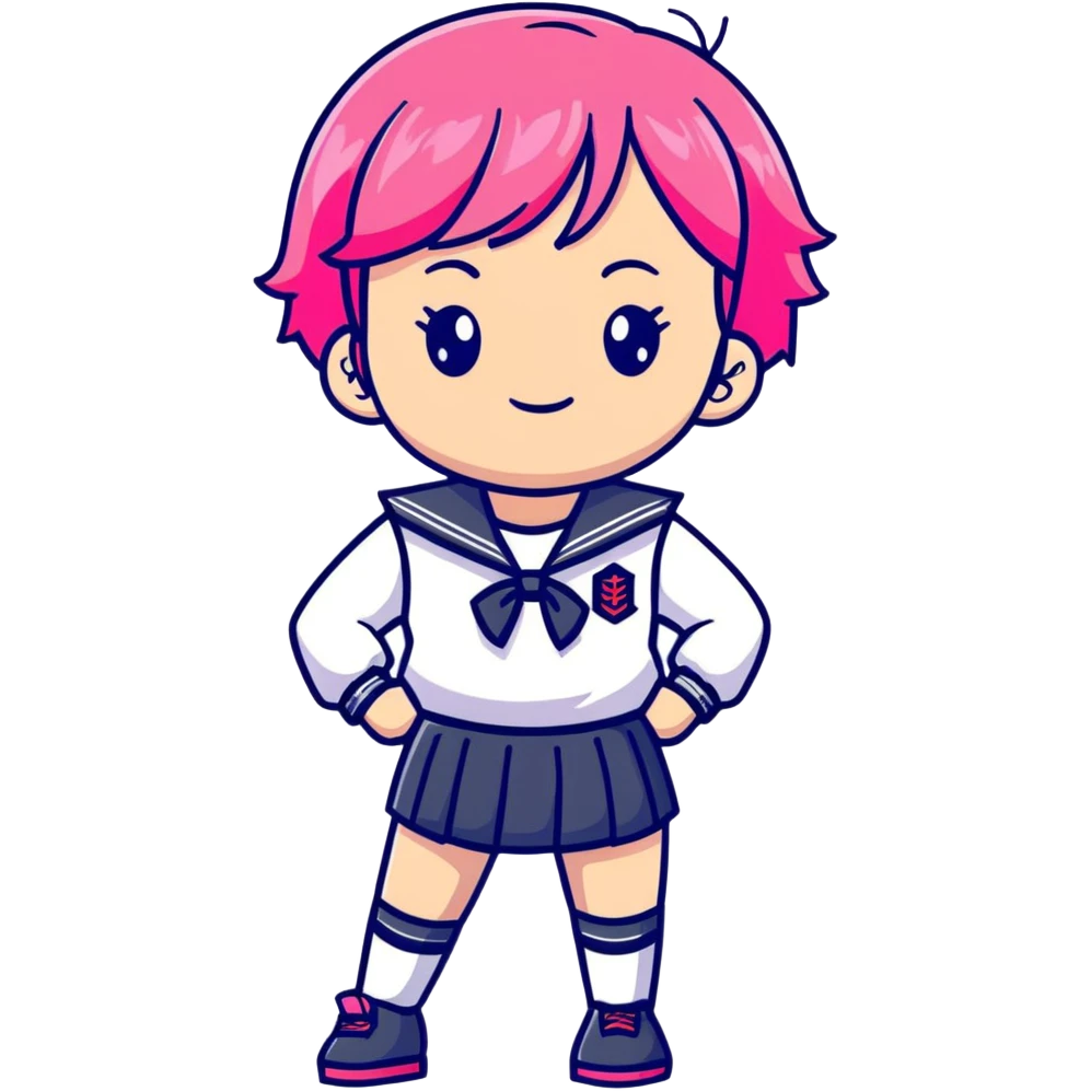Anime girl with short bright pink hair wearing Japanese sailor style school uniform, confident pose with hand on hip and bright cheerful grin, excited and happy emoji