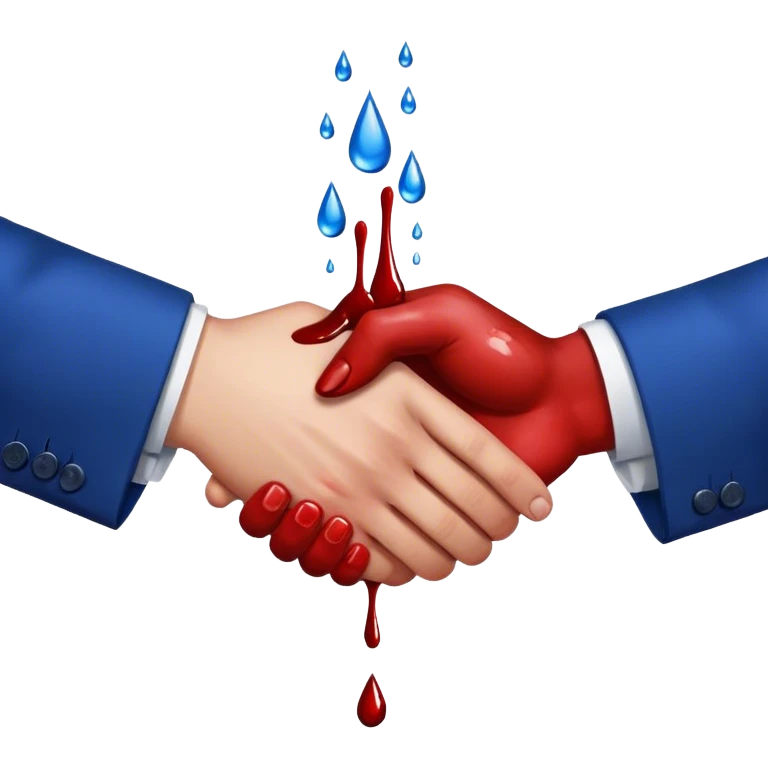 handshake, hands in blue suits, blood on one of the hands, drops emoji
