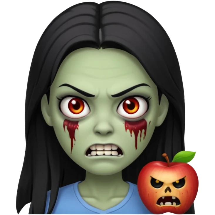 девушка зомби с темными длинными прямыми волосами, с черными макияжем глаз, тонкими бровями, со злым выражением лица и ровными белыми зубами в стиле Apple avatar emoji