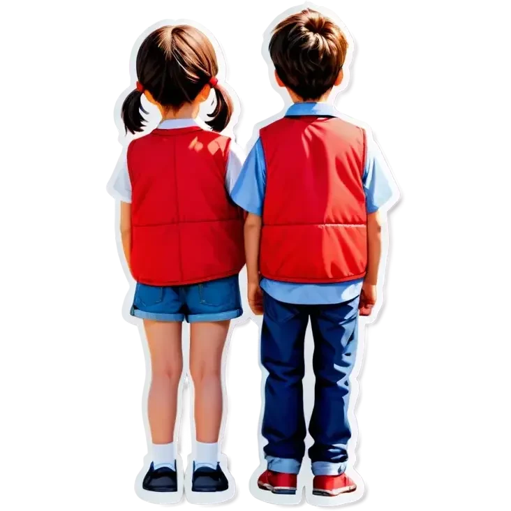 boy and girl in red vests facing back emoji
