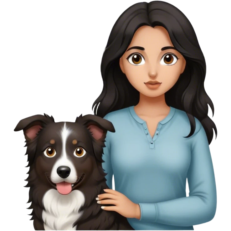 latina girl with long beautiful dark hair and dark brown eyes with a black tri Australian shepherd large emoji