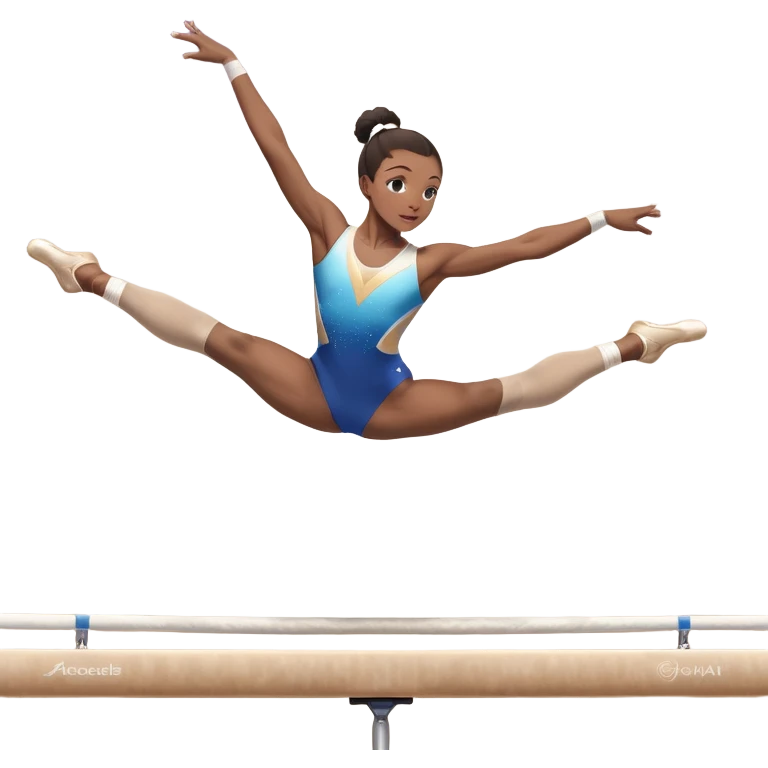An acrobat performing a dynamic move on the balance beam, rings, or parallel bars, showcasing strength and precision. The acrobat is in mid-action, gracefully balanced, with a focused expression. The background features a professional gymnastics gym with bright lights and a cheering crowd emoji