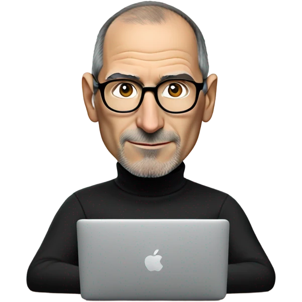 Steve Jobs wearing a black turtleneck using a MacBook. facing forward emoji