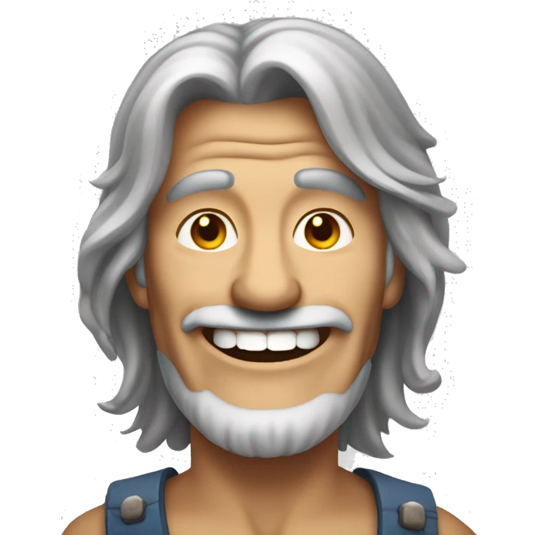 65 year old hillbilly male with long grey hair smiling with teeth emoji