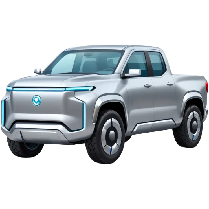 A futuristic electric pickup truck emoji, silver chrome body, angular cyber design, smooth metallic panels, subtle reflections, minimalistic proportions, iOS emoji style, centered composition, clean white background, soft lighting emoji