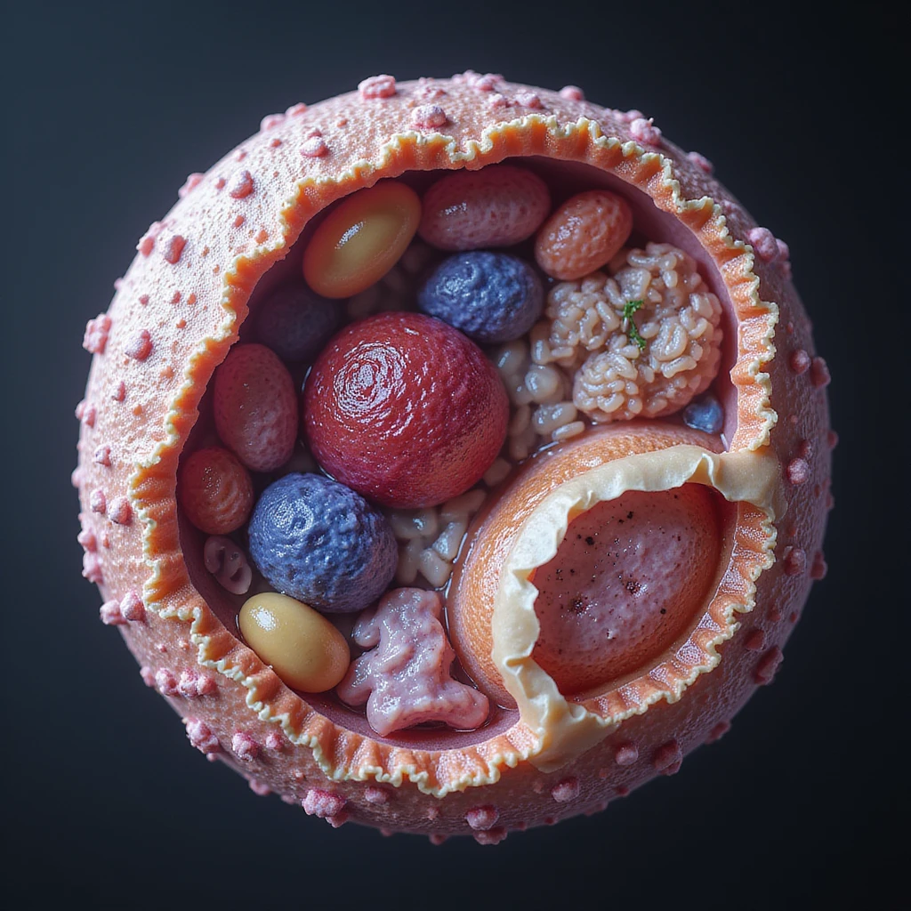 realistic biological cell with visible organelles, including nucleus, mitochondria, endoplasmic reticulum, and Golgi apparatus, cutaway view emoji