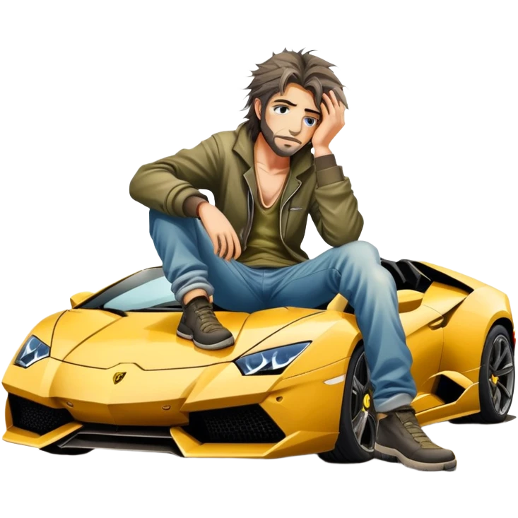 Lamborghini and a homeless person on top of the car emoji