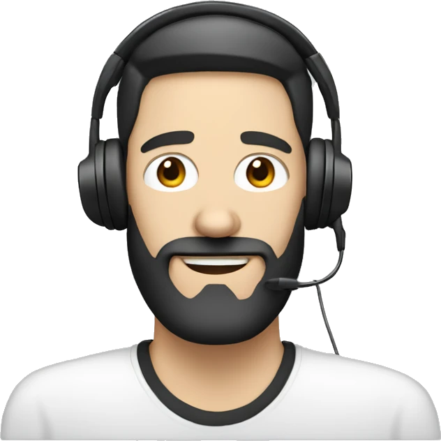white guy with nose above average with black hair and beard with laptop and headset emoji