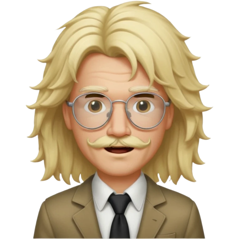 slender man with Joe Dirt-style frizzy blonde wig, rose glasses without lenses, thin scruffy beard and mustache, winking emoji
