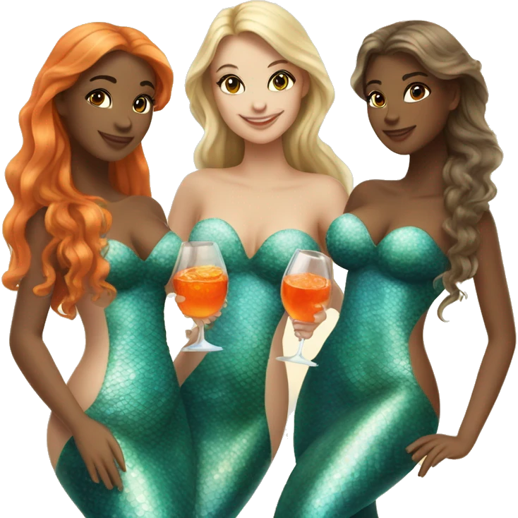 Three beautiful mermaids (two brown hair and blond one) drinking aperol emoji