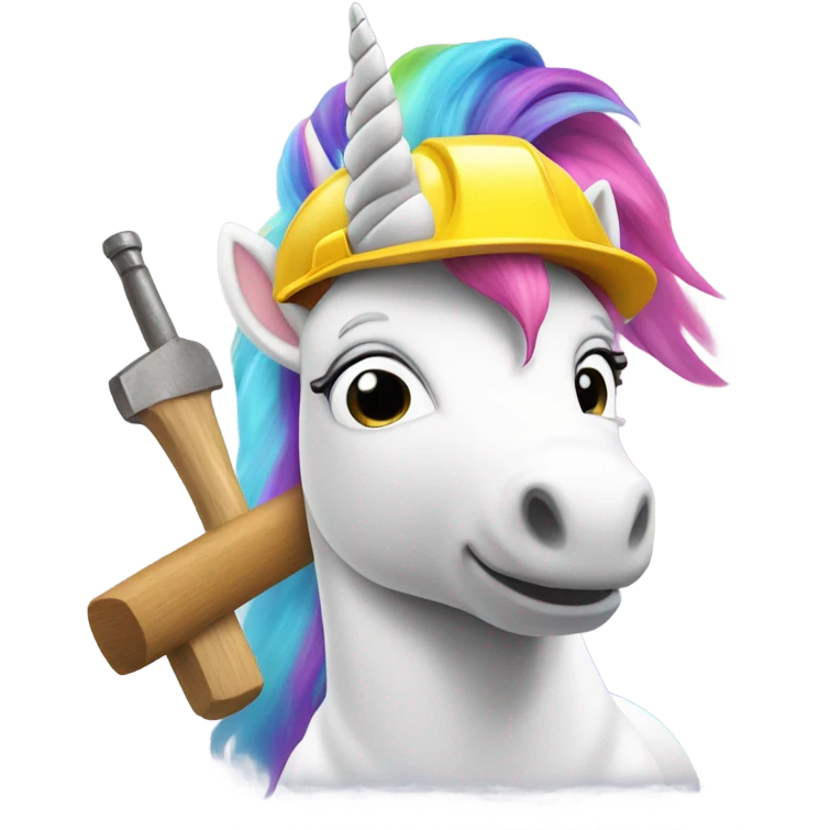 white unicorn with rainbow hair wearing a construction worker hat and holding a hammer emoji