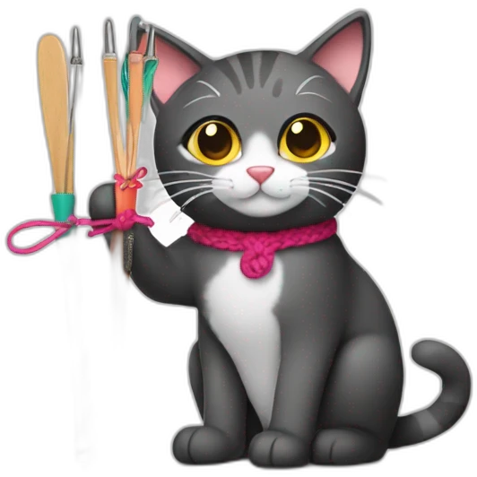 cat holding up crochet hooks and yarn emoji