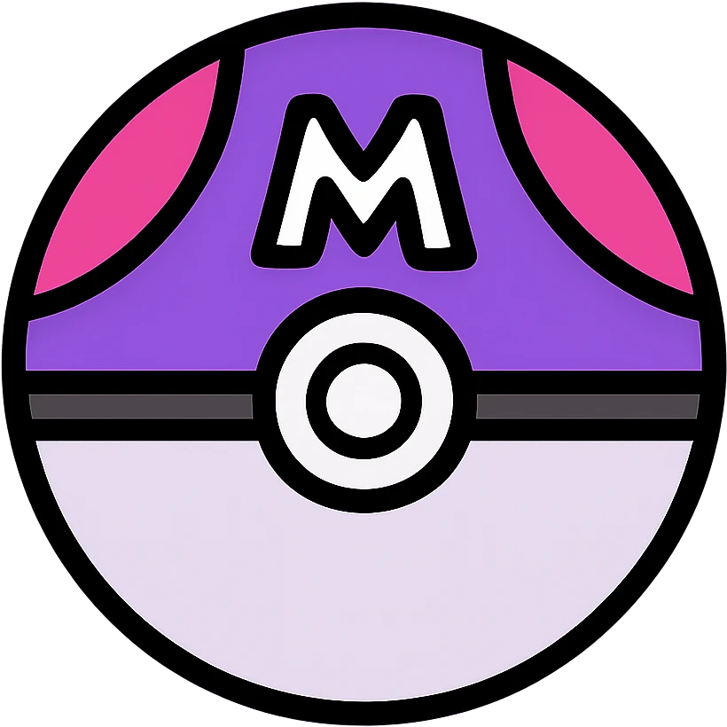 Master Ball from Pokémon, modern icon style, clean lines, bold colors, simple and recognizable, purple and pink color scheme, white 'M' on top, transparent background emoji