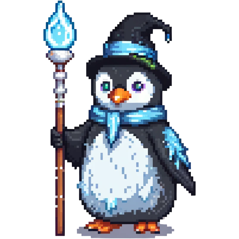 penguin wizard with ice staff casting frost emoji