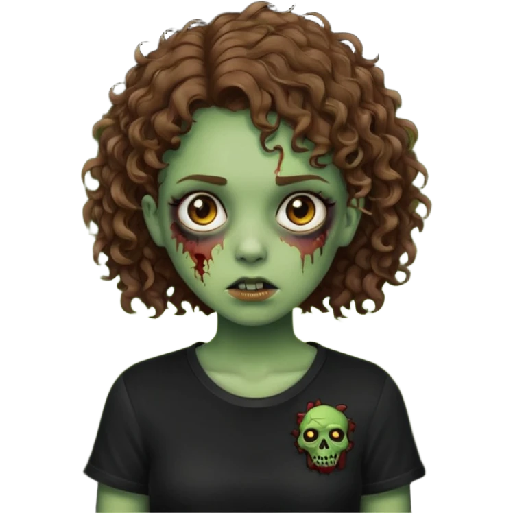 Zombie girl emoji verde com cabelo curto cacheado castanho no ombro com uma blusa preta emoji