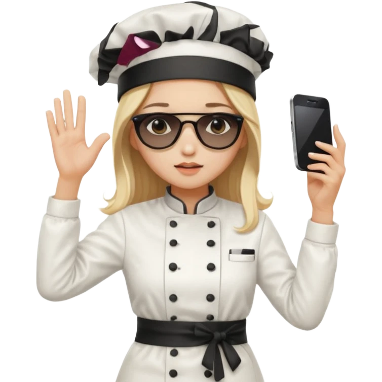 ["A sad woman with light skin, straight hair, wearing a chef hat and sunglasses, dressed in K-pop fashion, is dancing while holding a phone."] emoji