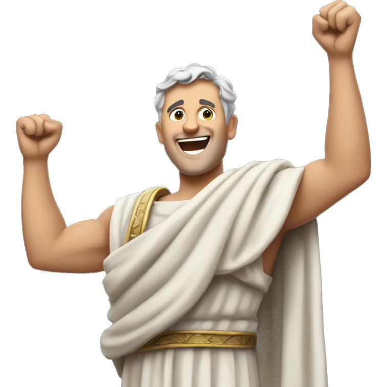 Happy Senator Raising Arms: A Roman senator in a toga, raising both arms in the air with a big smile of achievement, as if he just passed an important law in the Senate. emoji