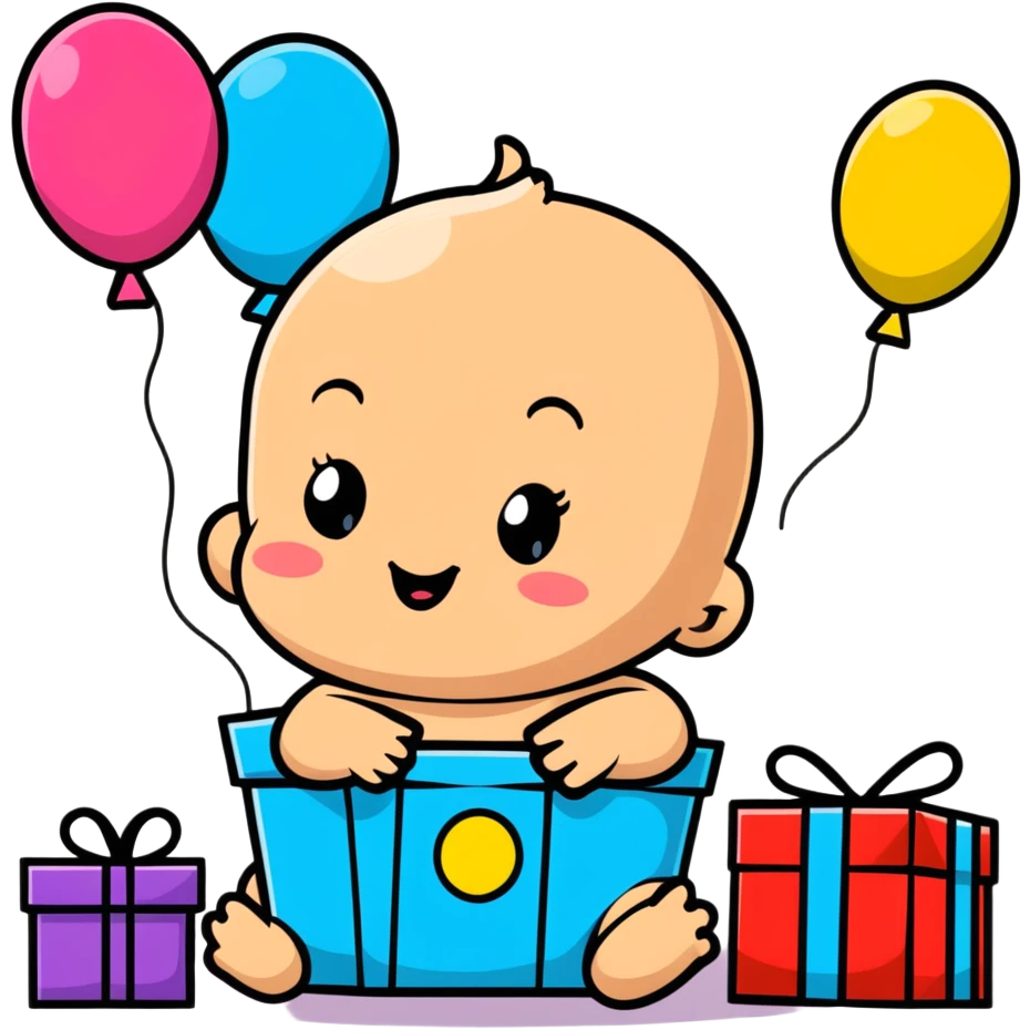 happy baby surrounded by birthday presents and colorful balloons emoji