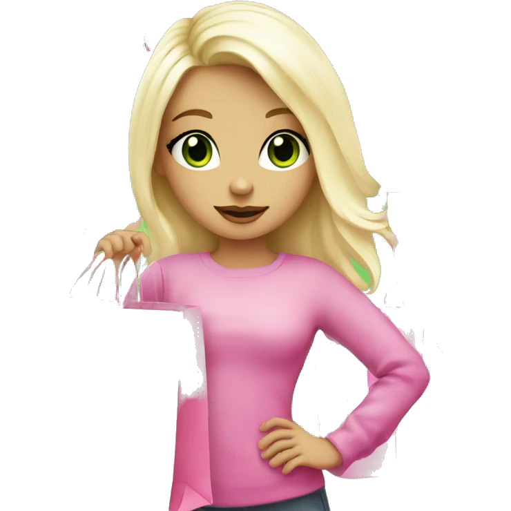 cute platinum blonde with green eyes wearing pink surrounded by pink shopping bags emoji