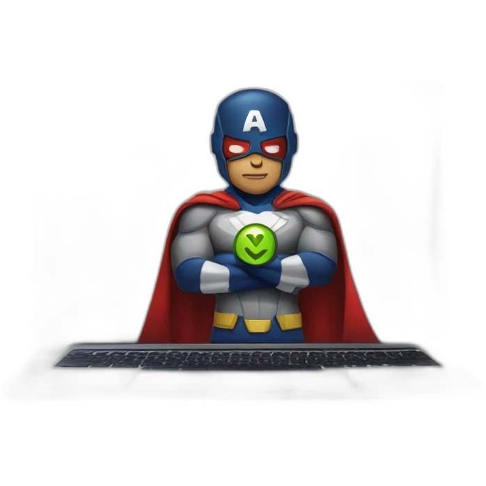 superhero with a rocket emblem sitting in front of his macbook emoji