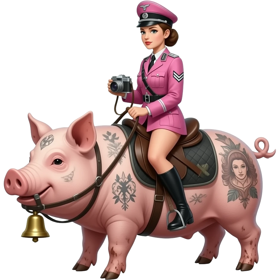 steampunk style - A thin and seductive female rider in a pink German army uniform from World War II rides a large tattooed pig with an antique bellows camera and bare, dirty feet. emoji