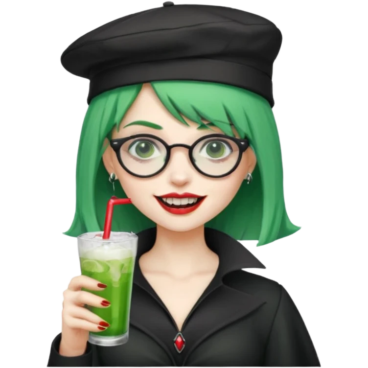 vampire green hair Drink holders with hat, wearing glasses, female,,teeth looks like vampire emoji