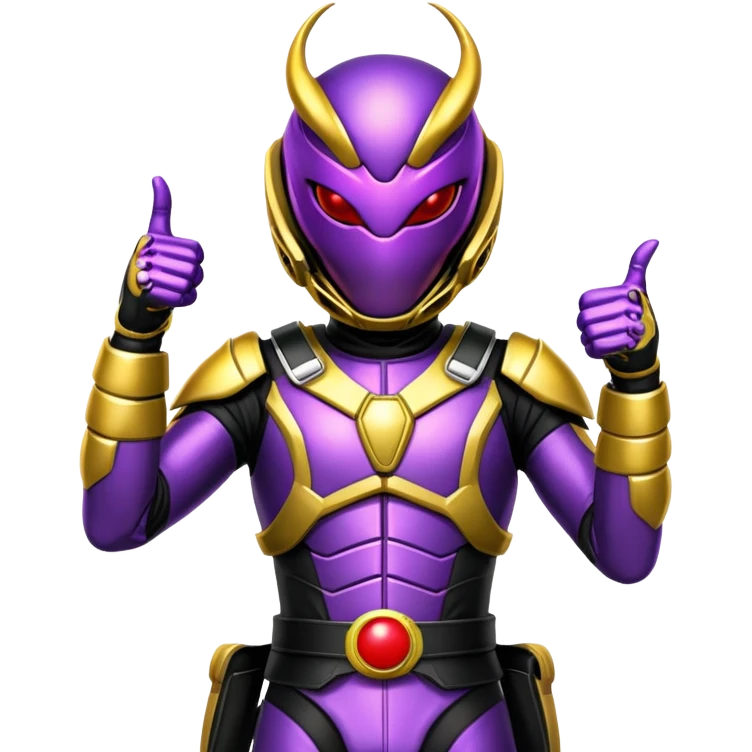 A Kamen rider his suit looks like a scorpion and the colors of the suit are purple and white and black and the belt looks like a dinosaur and the belts colors are silver and gold and red and in the middle of the belt is a shiny red ball and in the ball is a big black scorpion and the Kamen rider is giving you a thumbs up and say hi  emoji