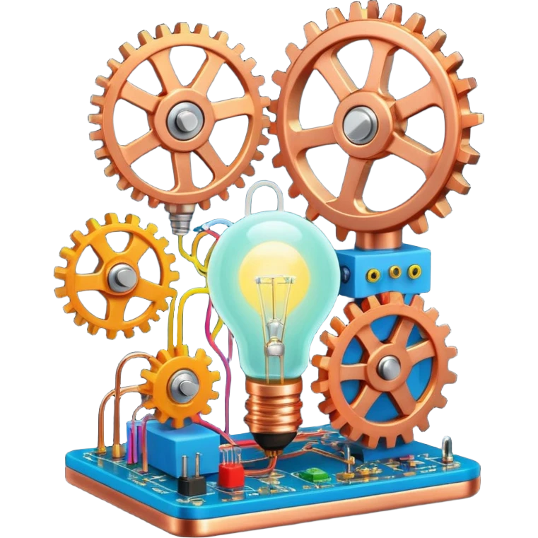 science, chemicals, mechanical gears, electronics, electric wires, light bulb, LED, resistors, circuit board, ic, physics,  nuclear model emoji