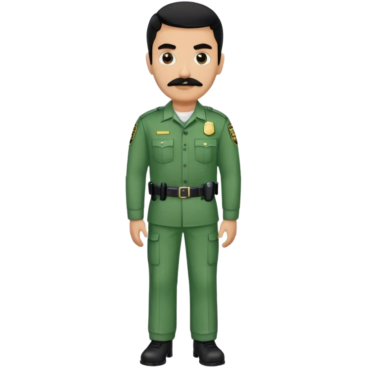 Chill guy in correctional officer green uniform. Full body. Black hair black mustache.  Light brown kin tone emoji
