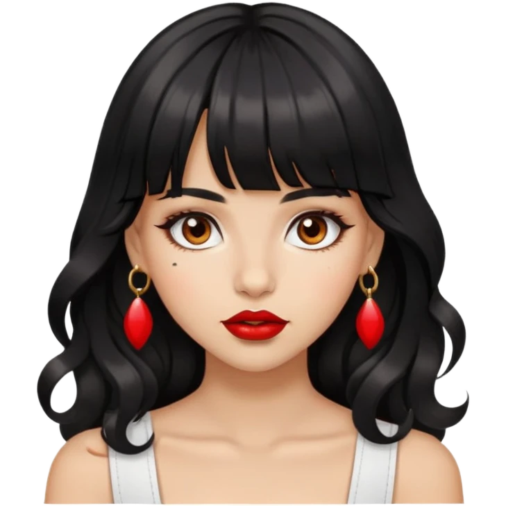 Girl with bangs and brown eyes, red lips, long wavy black hair with piercings emoji