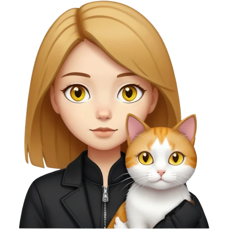 A light-skinned brown straight-haired girl wearing black jacket, along with two cats. One cat is pure white cat with yellow eyes, another is a calico cat emoji