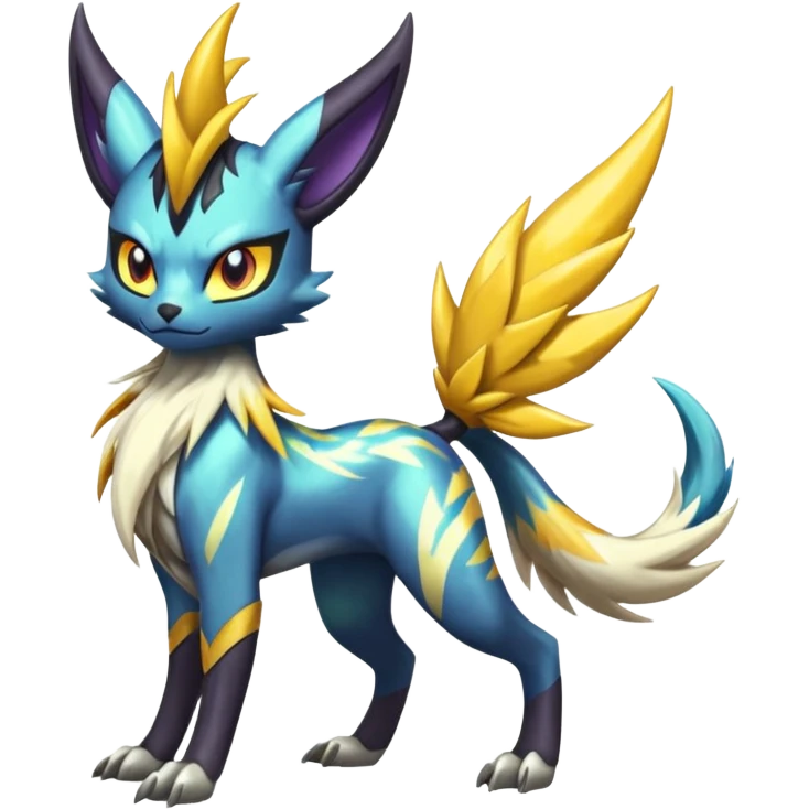 Shiny colorful exotic Feral Scaly Striking Slaying Badass Evil Handsome Lightning-patterned Zig-zagged buzzy fuzzy Meloetta-Renamon-Luxray-Cobalion-Suicune-Vernid-fusion-hybrid-creature, full body  emoji