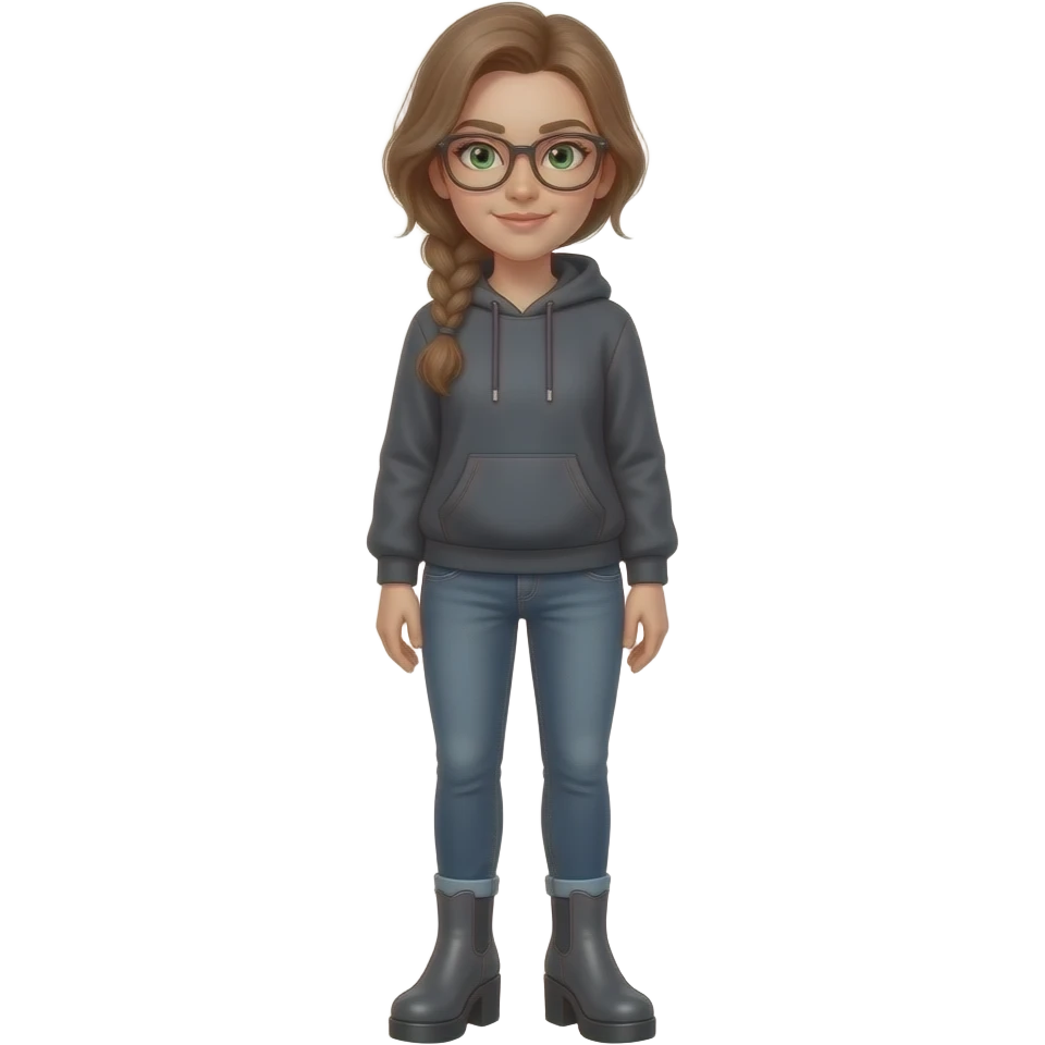 girl in 30s, light brown hair, side part, messy low side braid, green squinty-eyes with glasses dark grey hoodie, gunmetal gray fitted jeans, charcoal platform wedge boot, standing emoji