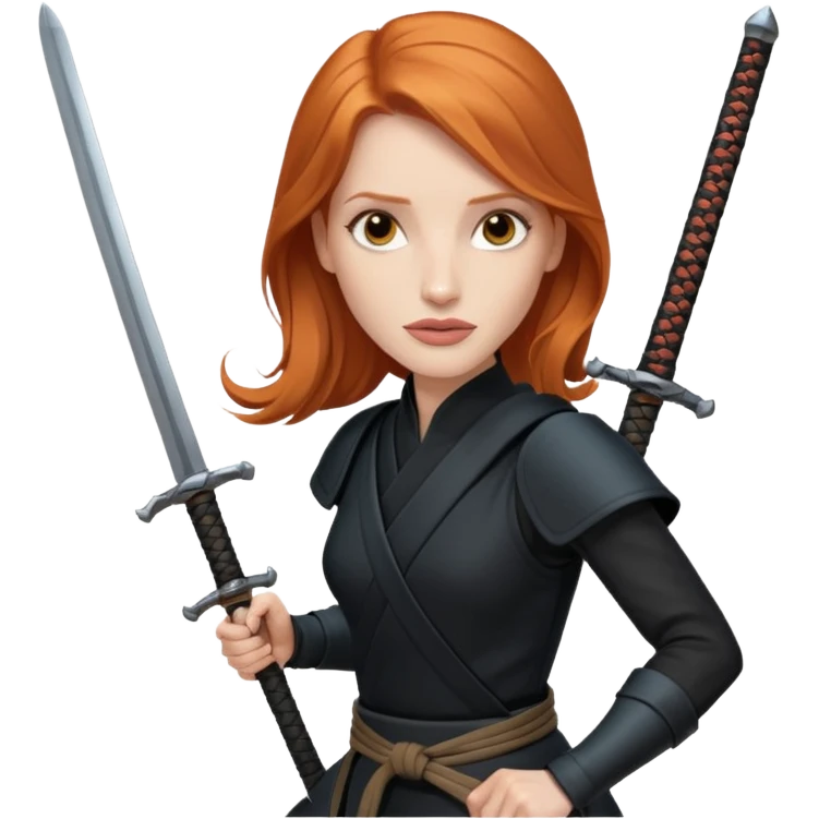 Jessica Chastain, in a ninja position with big swords emoji