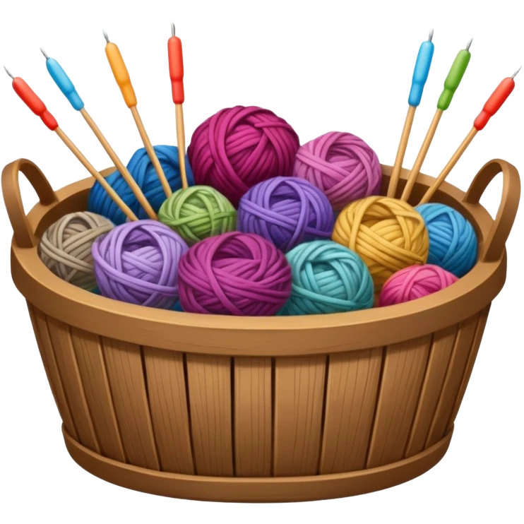 Wooden basket, of different types and colors of wool, with long knitting needles, ultra detailed, realistic, still life.  emoji