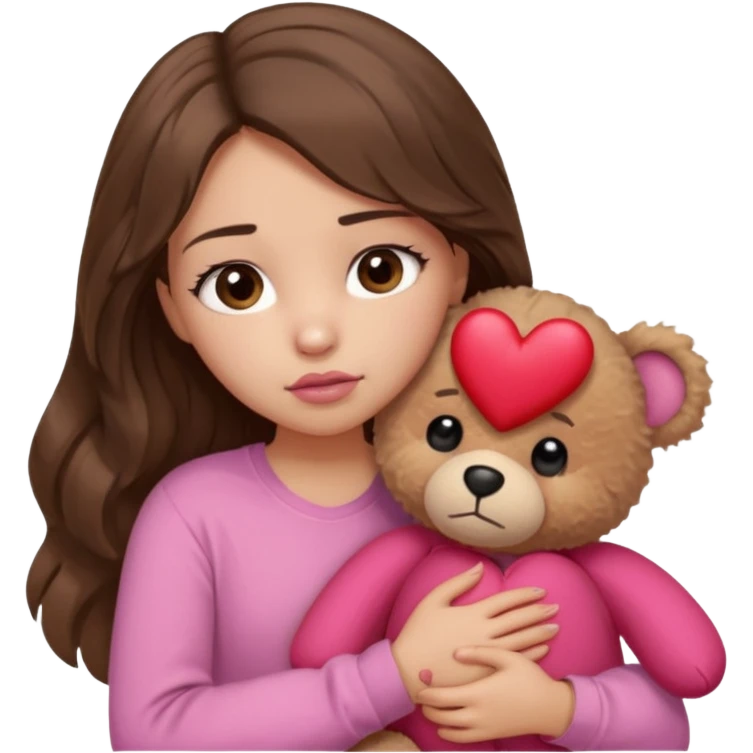 girl with long wavy brown hair, brown eyes, light to medium complexion, in a pink shirt, pink lips, long lashes, sad, hugging squeezing a teddy bear with a broken heart emoji