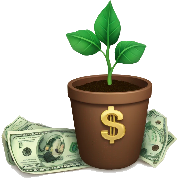 a plant in a brown pot growing dollar bills as the leaves and diamonds as the soil emoji