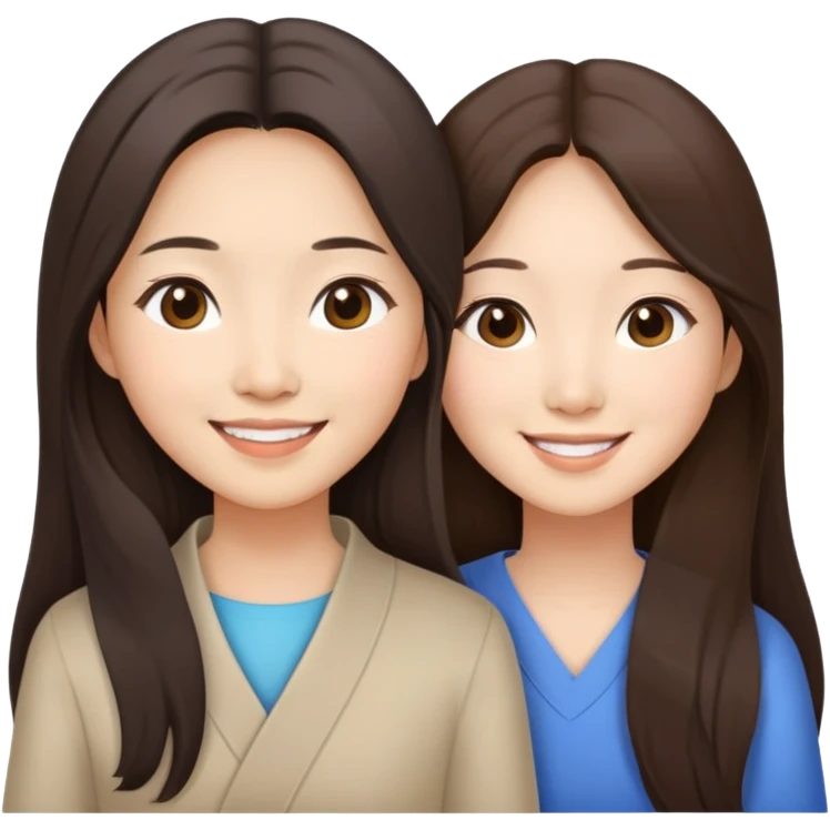 Two Asian sisters long hair brunette younger older pretty smiling emoji