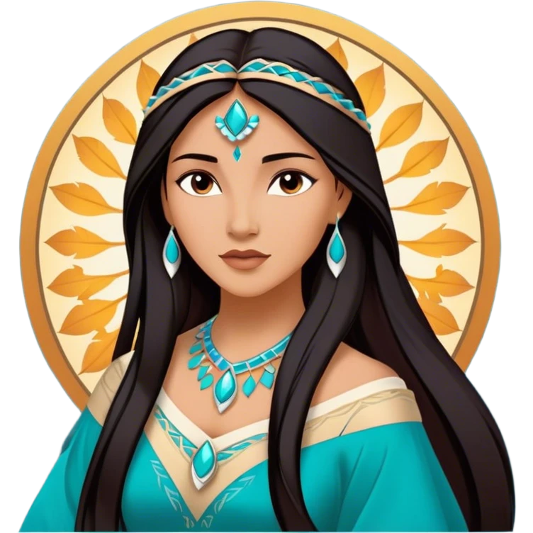 Cinematic Majestic Pocahontas Portrait Emoji, rendered in a clean, vector-style with bold shapes. Show Pocahontas with a serene, noble expression, radiant sun-kissed skin, and elegantly flowing dark hair, dressed in traditional garments with subtle turquoise accents. The design radiates a majestic, natural glow, high shine, and a soft glowing outline, capturing her regal beauty. emoji