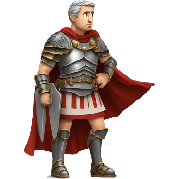 Anxious Roman General: A general in full armor and a cape, sweating with a tense, worried expression, as if concerned about the outcome of a battle or meeting. emoji