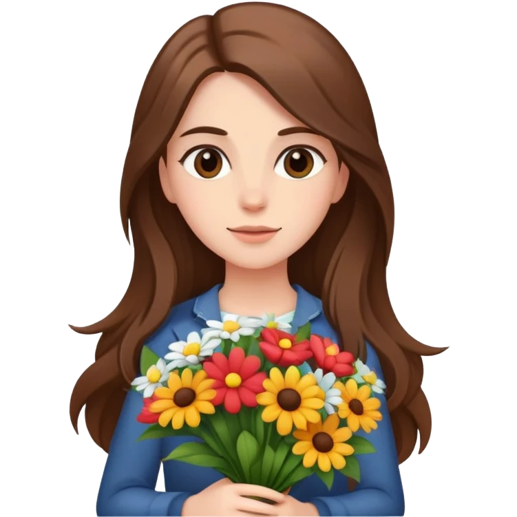 cool girl with long brown hair and fair skin tilting her head to the side while holding a bouquet of flowers emoji