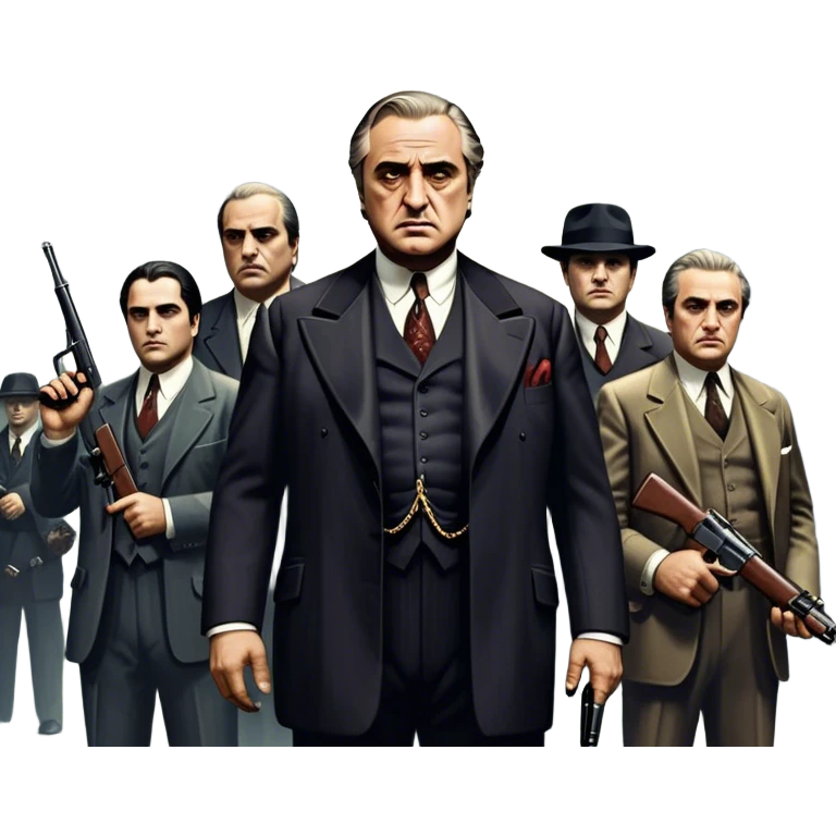 A vintage movie poster-style design featuring Don Vito Corleone surrounded by gangsters with Tommy guns. Include a dark, moody noir atmosphere with skyscrapers of New York in the background. The scene should be tense and mysterious, with a retro cinematic feel. Transparent background. emoji