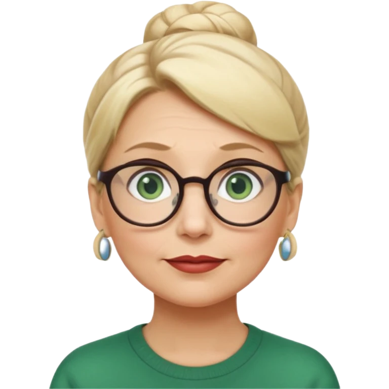 older teacher with blonde bun green eyes looking up and left and glasses full lips emoji
